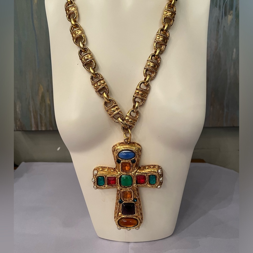 Kalinger Paris Vintage Resin Jeweled Cross Necklace